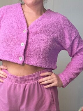 Wild Fable Cropped Cozy Button Cardigan in Lavender Pink